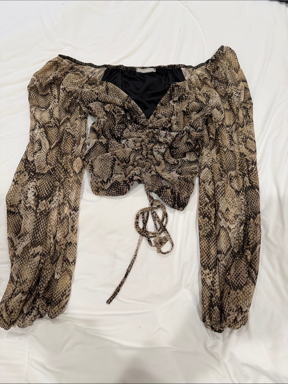 emory park Beige Snake-Print Ruched Tie-Front Long Sleeve Top
